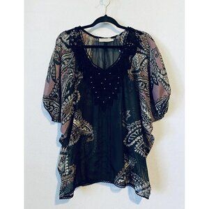 Solitaire by Ravi Khosla Top Womens 2X Kaftan Floral Crochet Lace Sheer Boho